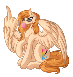 Size: 4145x4401 | Tagged: safe, artist:amazing-artsong, oc, oc only, oc:sydney, ponysona, species:pegasus, species:pony, :t, absurd resolution, big wings, bubblegum, commission, female, food, freckles, glare, gum, mare, middle feather, middle finger, raised hoof, simple background, sitting, solo, spread wings, sunglasses, transparent background, vulgar, wing hands, wings, ych result
