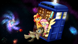Size: 3840x2160 | Tagged: safe, artist:eifiechan, character:doctor whooves, character:fluttershy, character:sunset shimmer, character:time turner, species:pony, clothing, doctor who, female, fez, hat, male, mare, scarf, smiling, stallion, tardis, the doctor, trio