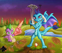 Size: 4200x3600 | Tagged: safe, artist:eifiechan, character:princess ember, character:spike, species:dragon, absurd resolution, annoyed, commission, dragoness, duo, female, foam finger, golf, golf ball, golf club, grass, list, outdoors, smiling, tree