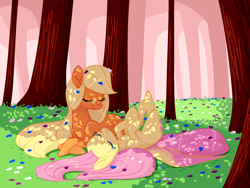 Size: 2000x1500 | Tagged: safe, artist:ogaraorcynder, character:applejack, character:fluttershy, species:earth pony, species:pegasus, species:pony, ship:appleshy, aplflu, cute, dappled sunlight, eyes closed, female, flower, flower in hair, forest, jackabetes, lesbian, loose hair, lying down, mare, on back, prone, resting, shipping, shyabetes, smiling, spread wings, tree, wings