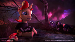 Size: 9600x5400 | Tagged: safe, artist:imafutureguitarhero, character:sunset shimmer, character:twilight sparkle, character:twilight sparkle (alicorn), species:alicorn, species:pony, species:unicorn, 3d, absurd resolution, adidas, barren, clothing, dead bush, dead tree, female, film grain, hoodie, lying down, mare, mountain, open mouth, post-apocalyptic, sad, sitting, source filmmaker, struggling, tracksuit, tree, wasteland, windswept mane