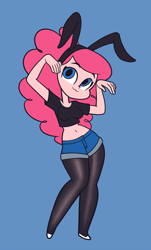 Size: 1090x1800 | Tagged: safe, artist:khuzang, character:pinkie pie, my little pony:equestria girls, :3, belly button, bunny ears, clothing, cute, daisy dukes, denim shorts, diapinkes, female, midriff, pantyhose, shoes, short shirt, shorts, simple background, solo