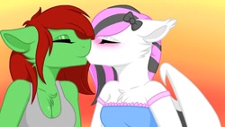 Size: 1280x728 | Tagged: safe, artist:melodytheartpony, oc, oc only, species:anthro, species:bat pony, species:pegasus, g4, anthro oc, bat pony oc, bisexual, breasts, chest fluff, cleavage, clothing, digital art, female, floppy ears, gradient background, kissing, lesbian, mare, pegasus oc, profile, simple background