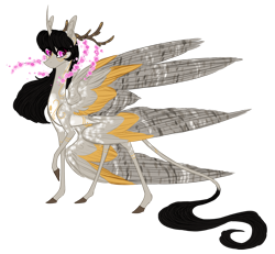 Size: 2000x1848 | Tagged: safe, artist:australian-senior, oc, oc only, oc:eleanor aetherius, species:alicorn, species:pony, alternate universe, angel, antlers, cherry blossoms, companion cube, curved horn, flower, flower blossom, hybrid, kirindos, leonine tail, multiple wings, pink eyes, portal (valve), realistic horse legs, seraph, seraphicorn, simple background, solo, transparent background