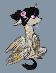 Size: 1037x1345 | Tagged: safe, artist:australian-senior, oc, oc only, oc:eleanor aetherius, species:alicorn, species:pony, alternate universe, companion cube, doodle, female, filly, flower, flower in hair, gray background, hybrid, leonine tail, multiple wings, pink eyes, portal (valve), seraph, seraphicorn, simple background, sketch, solo