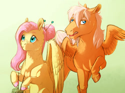 Size: 1280x957 | Tagged: safe, artist:vindhov, character:fluttershy, oc, oc:bumble, parent:fluttershy, parent:ponet, parents:ponetshy, species:pegasus, species:pony, :t, duo, female, glasses, male, mare, mother and son, offspring, older, raised hoof, stallion