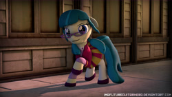 Size: 9600x5400 | Tagged: safe, artist:imafutureguitarhero, character:juniper montage, species:pony, my little pony:equestria girls, spoiler:eqg specials, 3d, absurd resolution, clothing, dress, equestria girls ponified, female, glasses, looking at you, ponified, raised hoof, shoes, sidewalk, smiling, solo, source filmmaker, wallpaper