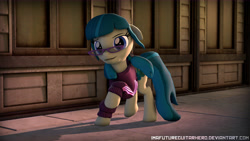 Size: 9600x5400 | Tagged: safe, alternate version, artist:imafutureguitarhero, character:juniper montage, species:pony, my little pony:equestria girls, spoiler:eqg specials, 3d, absurd resolution, adidas, clothing, equestria girls ponified, female, glasses, hoodie, looking at you, ponified, raised hoof, sidewalk, smiling, solo, source filmmaker, tracksuit, wallpaper