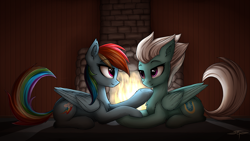 Size: 1920x1080 | Tagged: safe, artist:setharu, character:fleetfoot, character:rainbow dash, species:pegasus, species:pony, ship:fleetdash, commission, female, fire, fireplace, frog (hoof), holding hooves, lesbian, looking at each other, mare, romantic, shipping, underhoof