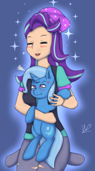 Size: 2130x3821 | Tagged: safe, artist:wolfy-pony, character:starlight glimmer, character:trixie, species:human, species:pony, species:unicorn, ship:startrix, equestria girls:mirror magic, g4, my little pony: equestria girls, my little pony:equestria girls, spoiler:eqg specials, :t, beanie, blue background, blushing, clothing, cute, eyes closed, female, glimmerbetes, happy, hat, holding a pony, holding hooves, human coloration, human on pony hoof holding, humanized, kneeling, lesbian, mare, scrunchy face, shipping, simple background, smiling, sparkles, unamused