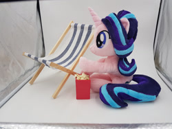 Size: 1024x768 | Tagged: safe, artist:epicrainbowcrafts, character:starlight glimmer, species:pony, species:unicorn, beanie (plushie), chair, food, irl, photo, plushie, popcorn, solo