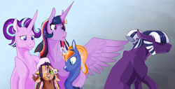 Size: 3298x1672 | Tagged: safe, artist:vindhov, character:starlight glimmer, character:twilight sparkle, character:twilight sparkle (alicorn), oc, oc:inkwell, oc:love letter, oc:marigold twinkle, parent:flash sentry, parent:prince rutherford, parent:sunburst, parent:twilight sparkle, parents:flashlight, parents:twiburst, parents:twiford, species:alicorn, species:earth pony, species:pony, species:unicorn, ship:twistarlight, family, family photo, female, filly, hair over one eye, half-siblings, hug, hybrid, interspecies offspring, lesbian, magic, magic aura, male, mare, offspring, older, shipping, snip (coat marking), stallion, yakony
