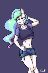 Size: 500x750 | Tagged: safe, artist:passigcamel, character:princess celestia, species:anthro, belly button, clothing, daisy dukes, female, midriff, one eye closed, short shirt, shorts, solo, wink