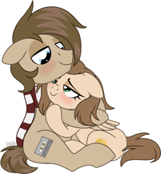 Size: 1024x1104 | Tagged: safe, artist:kellythedrawinguni, oc, oc only, oc:honey drop, oc:tape loops, species:pegasus, species:pony, blushing, clothing, female, hug, looking at each other, male, mare, scarf, simple background, smiling, stallion, transparent background