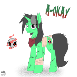 Size: 1400x1400 | Tagged: safe, artist:sanyo2100, oc, oc only, oc:a-okay, species:pony, species:unicorn, bandage, female, looking at you, mare, new cutie mark, scar, solo, stitches, tail wrap