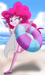 Size: 2400x4000 | Tagged: safe, artist:geraritydevillefort, character:pinkie pie, my little pony:equestria girls, absurd resolution, beach, bikini, clothing, cloud, feet, female, flip-flops, food, inflatable, looking at you, open clothes, popsicle, sandals, sky, smiling, solo, swimsuit, water