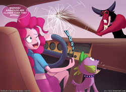 Size: 2400x1750 | Tagged: safe, artist:zelc-face, character:lord tirek, character:pinkie pie, character:spike, species:dog, my little pony:equestria girls, ace ventura, barking, baseball bat, broken glass, car, clothing, commission, cute, dialogue, midriff, movie reference, nudity, one eye closed, open mouth, profane, skirt, speech bubble, spikabetes, spike the dog, talking, vulgar, warning