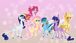 Size: 2200x1247 | Tagged: safe, artist:australian-senior, character:applejack, character:fluttershy, character:pinkie pie, character:rainbow dash, character:rarity, character:twilight sparkle, character:twilight sparkle (unicorn), species:classical unicorn, species:crystal pony, species:earth pony, species:pegasus, species:pony, species:unicorn, g4, alternate universe, cloven hooves, colored hooves, colored wings, colored wingtips, earth pony fluttershy, eyes closed, female, gradient hair, group, kirindos, leonine tail, mane six, mare, one eye closed, pegasus pinkie pie, race swap, red eyes, unshorn fetlocks, wink