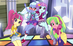 Size: 1346x854 | Tagged: safe, artist:charliexe, character:lemon zest, character:sour sweet, character:sugarcoat, character:sunny flare, equestria girls:dance magic, g4, my little pony: equestria girls, my little pony:equestria girls, spoiler:eqg specials, clothing, commission, converse, dance floor, ear piercing, earring, female, freckles, glasses, headphones, jewelry, leggings, open mouth, piercing, shoes, skirt, sneakers