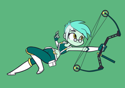Size: 2571x1800 | Tagged: safe, artist:khuzang, character:lyra heartstrings, my little pony:equestria girls, alternate hairstyle, alternate universe, archer, arrow, belly button, bow (weapon), bow and arrow, breasts, clothing, commission, compound bow, equestrian city, fanfic, fanfic art, female, glasses, midriff, short hair, simple background, solo, weapon