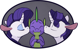 Size: 944x592 | Tagged: safe, artist:enma-darei, character:rarity, character:spike, species:dragon, species:pony, species:unicorn, ship:sparity, and then spike was bi, bisexual, elusive, gay, kiss on the cheek, kiss sandwich, kissing, male, rule 63, shipping, spelusive, straight