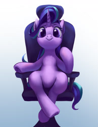 Size: 1400x1800 | Tagged: safe, artist:luciferamon, character:starlight glimmer, species:pony, species:unicorn, g4, :>, chair, cute, eyebrows, female, front view, full face view, glimmerbetes, gradient background, looking at you, mare, simple background, sitting, smiling, solo, underhoof