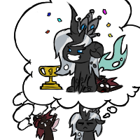 Size: 200x200 | Tagged: safe, artist:sanyo2100, oc, oc only, oc:invictia sadie, oc:queen desire, species:changeling, changeling oc, changeling queen, changeling queen oc, chibi, cute, dialogue, female, red changeling, speech bubble, trophy, white changeling