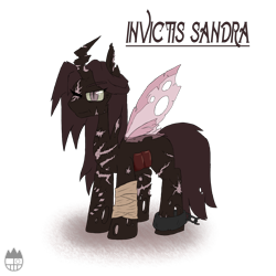 Size: 1400x1400 | Tagged: safe, artist:sanyo2100, oc, oc only, oc:invictis sandra, species:changeling, bandage, bite mark, chains, changeling oc, female, looking at you, milf, purple changeling, scar, solo
