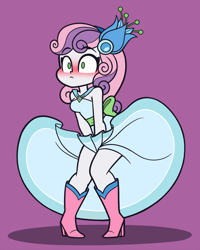 Size: 1600x2000 | Tagged: safe, artist:khuzang, character:sweetie belle, episode:make new friends but keep discord, g4, my little pony: friendship is magic, my little pony:equestria girls, adorable face, blushing, boots, clothing, covering, cute, diasweetes, dress, embarrassed, female, flower, flower in hair, gala dress, high heel boots, marilyn monroe, older, older sweetie belle, purple background, shoes, simple background, skirt, skirt flip, solo, the seven year itch, thighs