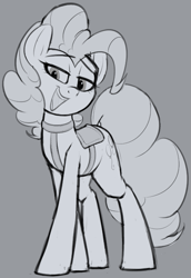 Size: 571x831 | Tagged: safe, artist:january3rd, character:pinkie pie, species:earth pony, species:pony, female, gray background, grayscale, lidded eyes, looking at you, mare, monochrome, open mouth, saddle, simple background, solo, tack