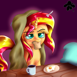 Size: 3000x3000 | Tagged: safe, artist:eifiechan, character:sunset shimmer, species:pony, species:unicorn, newbie artist training grounds, g4, atg 2017, bags under eyes, blanket, bread, coffee, colored pupils, cup, egg, egg (food), eyebrows, eyebrows visible through hair, female, floppy ears, food, fork, frown, glare, glow, lidded eyes, mare, morning ponies, mouth hold, mug, nom, nose wrinkle, pillow, plate, purple background, simple background, sleepy, solo, table, tired, unamused