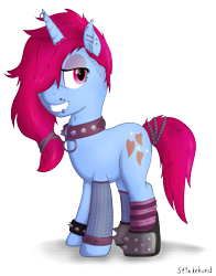 Size: 2200x2800 | Tagged: safe, artist:stinkehund, oc, oc only, species:pony, species:unicorn, boots, clothing, collar, ear piercing, female, fishnets, fluffy, horn piercing, piercing, punk, shoes, simple background, socks, spiked collar, spiked wristband, tail wrap, transparent background, wristband