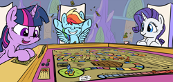 Size: 1500x713 | Tagged: safe, artist:pirill, character:rainbow dash, character:rarity, character:twilight sparkle, character:twilight sparkle (alicorn), species:alicorn, species:pony, newbie artist training grounds, atg 2017, equestria daily exclusive, eyes closed, tabletop gaming, twilight's castle
