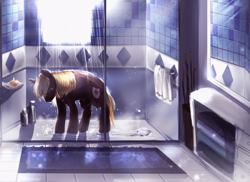 Size: 3000x2180 | Tagged: safe, artist:aquagalaxy, oc, oc only, oc:rescue sunstreak, species:pony, bathroom, commission, firefighter, shower, solo