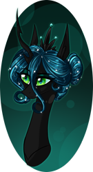 Size: 921x1700 | Tagged: safe, artist:australian-senior, character:queen chrysalis, species:changeling, alternate hairstyle, bust, changeling queen, female, hair bun, simple background, solo, transparent background