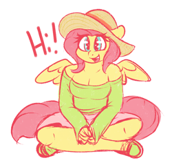 Size: 742x708 | Tagged: safe, artist:graphene, character:fluttershy, species:anthro, species:pegasus, g4, breasts, cleavage, clothing, colored sketch, crossed legs, cute, dialogue, female, hat, hi, mare, off shoulder, open mouth, shirt, shyabetes, sitting, smiling, solo, spread wings, wings