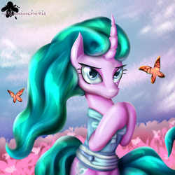 Size: 3000x3000 | Tagged: safe, artist:eifiechan, character:mistmane, species:pony, species:unicorn, episode:campfire tales, g4, my little pony: friendship is magic, butterfly, clothing, curved horn, female, mare, scenery, sitting, solo