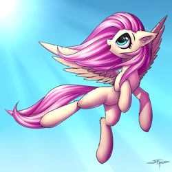 Size: 4000x4000 | Tagged: safe, artist:setharu, character:fluttershy, species:pegasus, species:pony, absurd resolution, chest fluff, commission, cute, ear fluff, female, flying, happy, looking back, mare, shyabetes, sky, solo