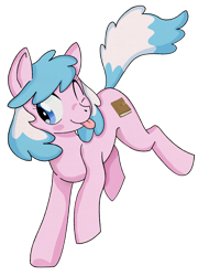 Size: 1111x1546 | Tagged: safe, artist:dbkit, derpibooru original, oc, oc only, oc:artabana, species:earth pony, species:pony, blep, blush sticker, blushing, female, jumping, mare, one eye closed, simple background, smiling, solo, tongue out, transparent background, wink