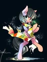 Size: 1800x2400 | Tagged: safe, artist:toki, oc, oc only, oc:macdolia, species:earth pony, species:pony, black background, doctor who, fourth doctor's scarf, pigtails, simple background, sonic screwdriver, sparkles, standing