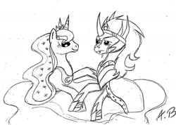 Size: 1968x1400 | Tagged: safe, artist:rossmaniteanzu, character:king sombra, character:princess luna, ship:lumbra, crying, female, male, monochrome, shipping, straight