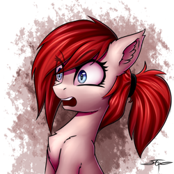 Size: 1000x1000 | Tagged: safe, artist:setharu, oc, oc only, oc:unnamed pegasus, species:earth pony, species:pony, fallout equestria, bust, chest fluff, ear fluff, female, mare, open mouth, ponytail, portrait, solo, wide eyes