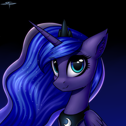 Size: 3000x3000 | Tagged: safe, artist:setharu, character:princess luna, species:alicorn, species:pony, bust, crown, cute, ear fluff, eye reflection, female, jewelry, looking at you, lunabetes, mare, night, portrait, reflection, regalia, signature, smiling, solo