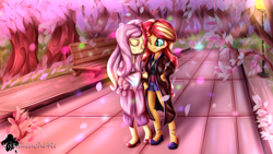 Size: 3840x2160 | Tagged: safe, artist:eifiechan, character:fluttershy, character:sunset shimmer, ship:sunshyne, my little pony:equestria girls, clothing, eyes closed, female, flower petals, kimono (clothing), lesbian, shipping, smiling, tree