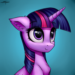 Size: 3000x3000 | Tagged: safe, artist:setharu, character:twilight sparkle, character:twilight sparkle (alicorn), species:alicorn, species:pony, bust, chest fluff, cute, ear fluff, eye reflection, female, floppy ears, looking up, mare, portrait, reflection, signature, simple background, smiling, solo, twiabetes