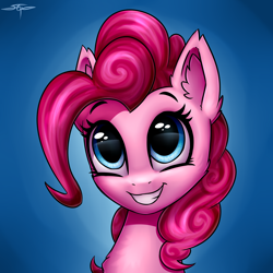 Size: 3000x3000 | Tagged: safe, artist:setharu, character:pinkie pie, species:earth pony, species:pony, bust, chest fluff, cute, diapinkes, ear fluff, female, grin, looking up, mare, portrait, signature, smiling, solo