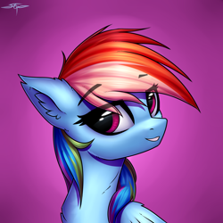 Size: 3000x3000 | Tagged: safe, artist:setharu, character:rainbow dash, species:pegasus, species:pony, bust, chest fluff, ear fluff, female, grin, head turn, lidded eyes, looking at you, mare, multicolored hair, portrait, signature, smiling, solo