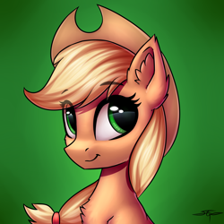 Size: 3000x3000 | Tagged: safe, artist:setharu, character:applejack, species:earth pony, species:pony, :t, applejack's hat, bust, chest fluff, clothing, cowboy hat, ear fluff, eye reflection, female, gradient background, hat, looking away, mare, portrait, reflection, signature, smiling, solo, stetson