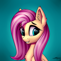 Size: 3000x3000 | Tagged: safe, artist:setharu, character:fluttershy, species:pegasus, species:pony, bust, chest fluff, cute, ear fluff, eye reflection, female, gradient background, grin, looking away, mare, reflection, shy, shyabetes, signature, smiling, solo
