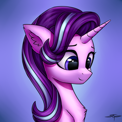 Size: 3000x3000 | Tagged: safe, artist:setharu, character:starlight glimmer, species:pony, species:unicorn, bust, chest fluff, commission, cute, ear fluff, female, glimmerbetes, looking down, mare, signature, smiling, solo